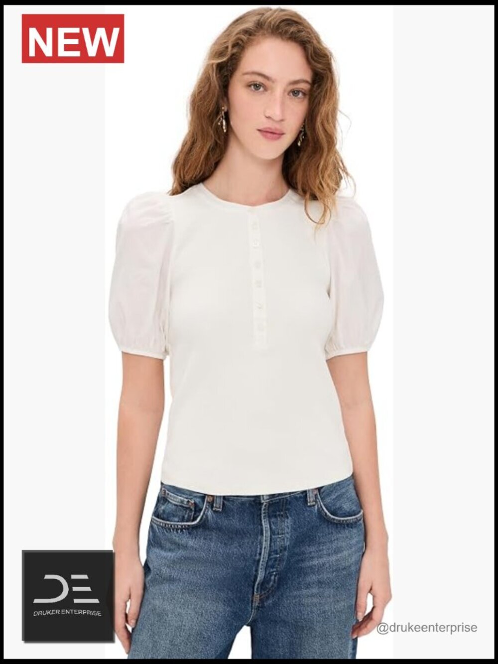Cotton-Spandex Henley Top with Puff Sleeves